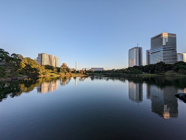 View of the skyline of Tokyo over a lake